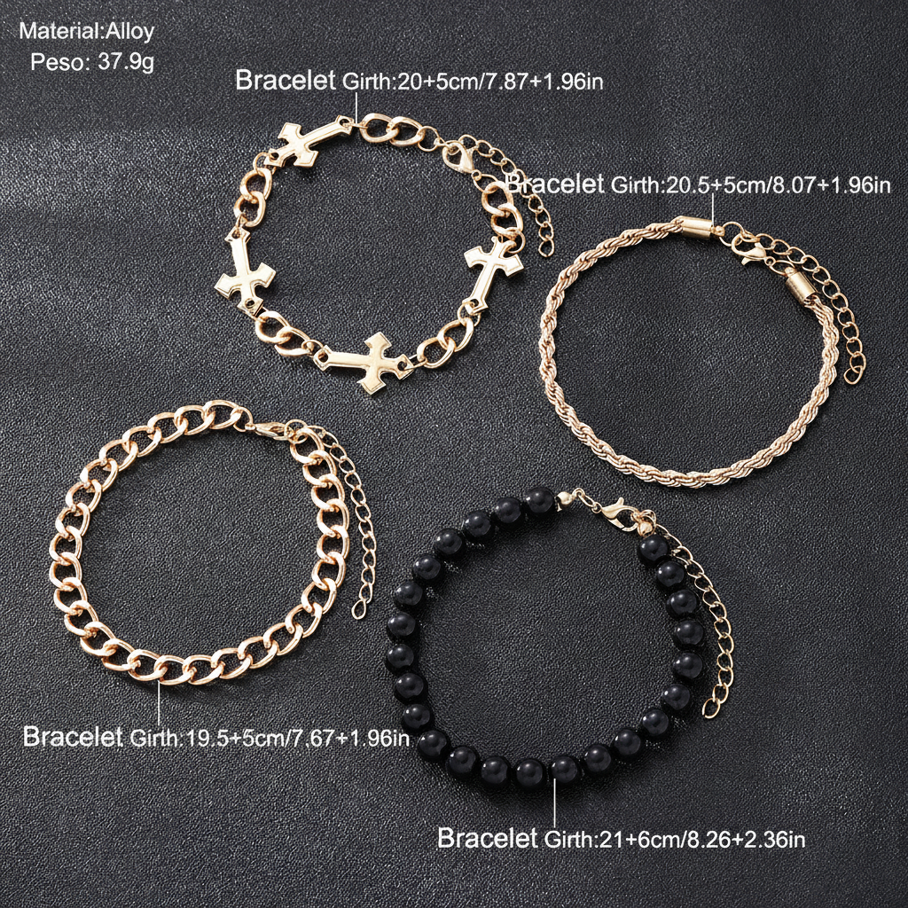 Set 4 Pulseras Hip Hop con Cruz y Cuentas Unisex - 3
