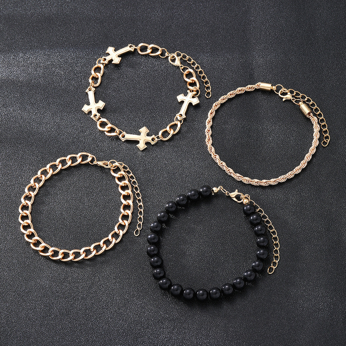 Set 4 Pulseras Hip Hop con Cruz y Cuentas Unisex - 4