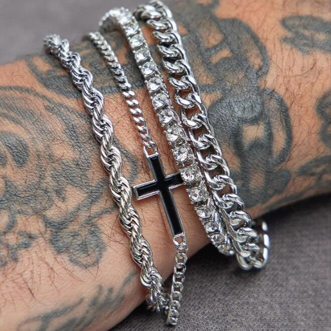 Set 4 Pulseras Hip Hop con Cruz y Cuentas Unisex - 6