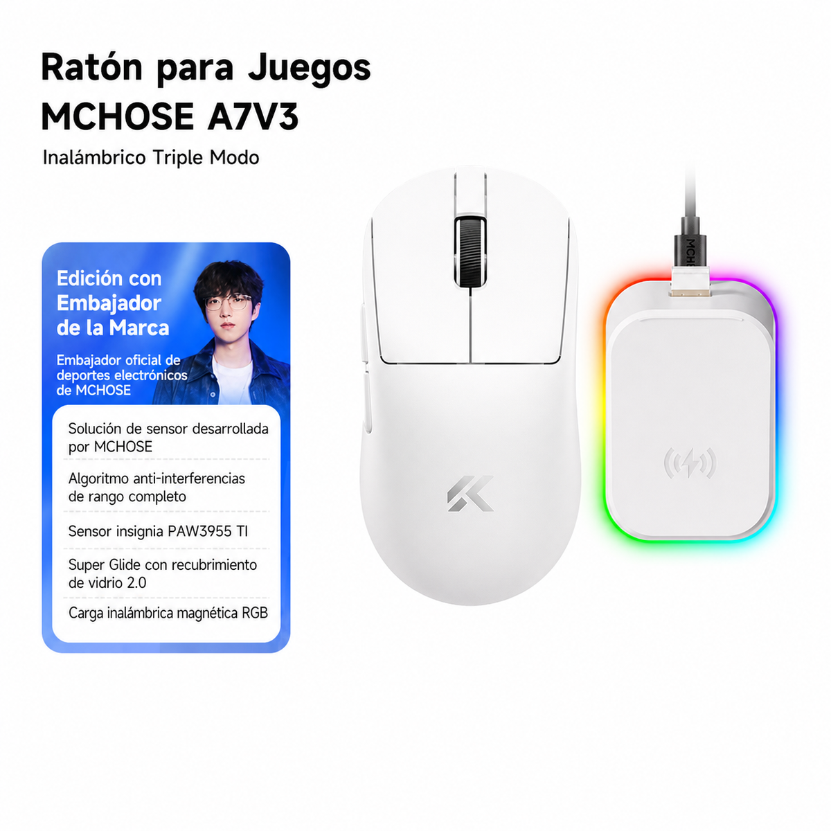 Mouse Gamer MCHOSE A7V3 Inalámbrico Triple Modo