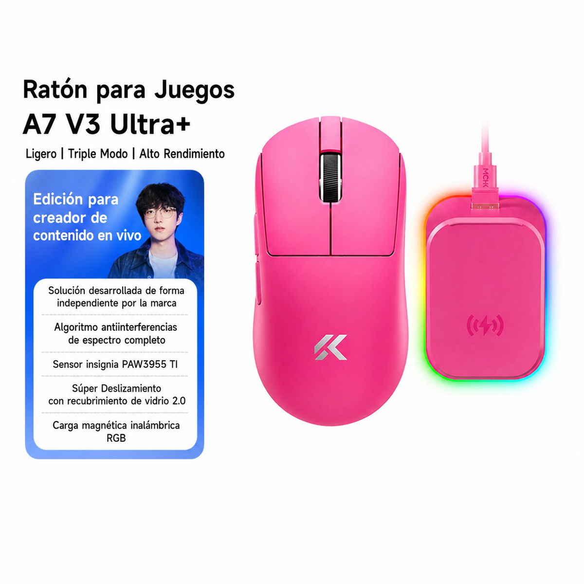 Mouse Gamer MCHOSE A7V3 Inalámbrico Triple Modo