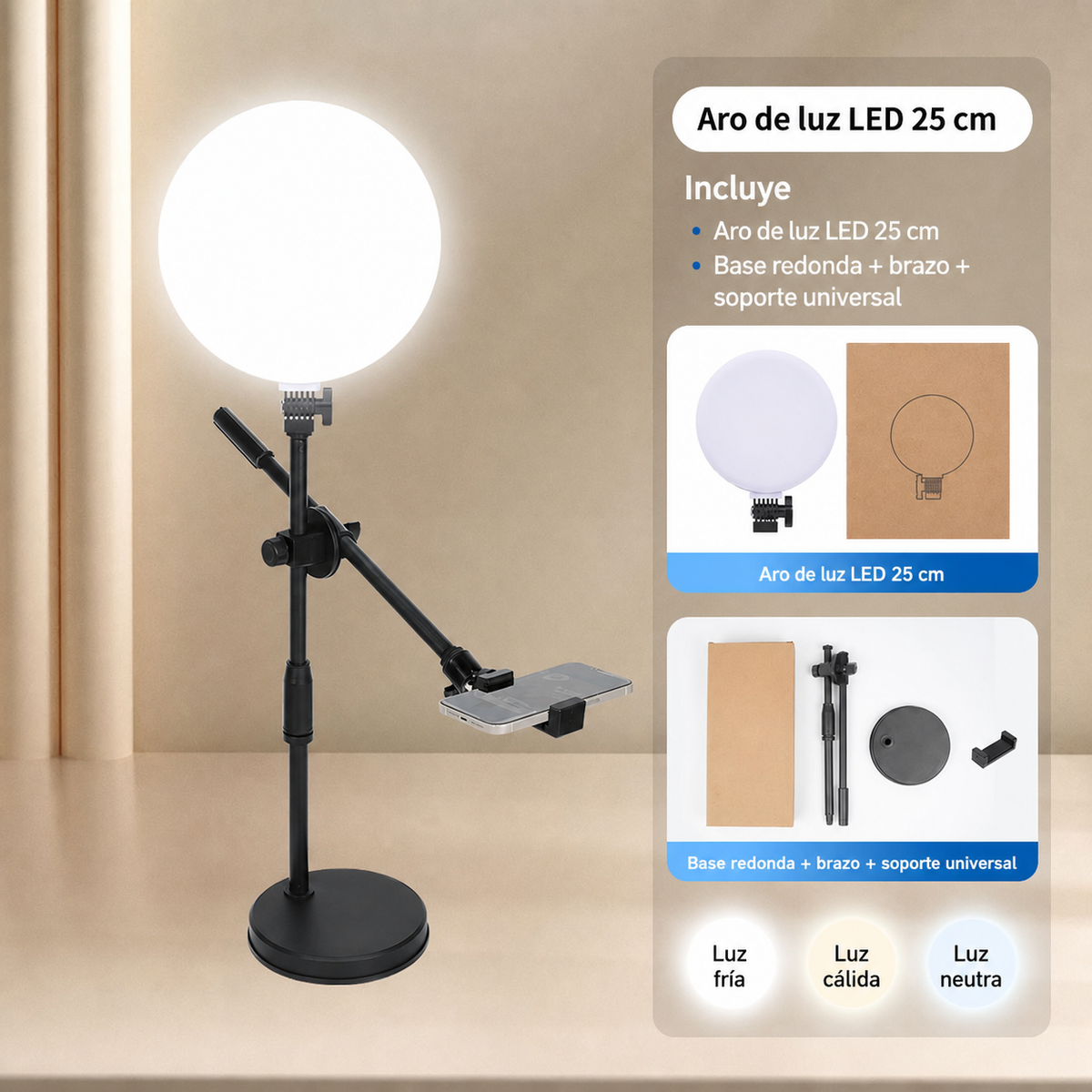 Aro de Luz LED 25 cm para streaming y selfies
