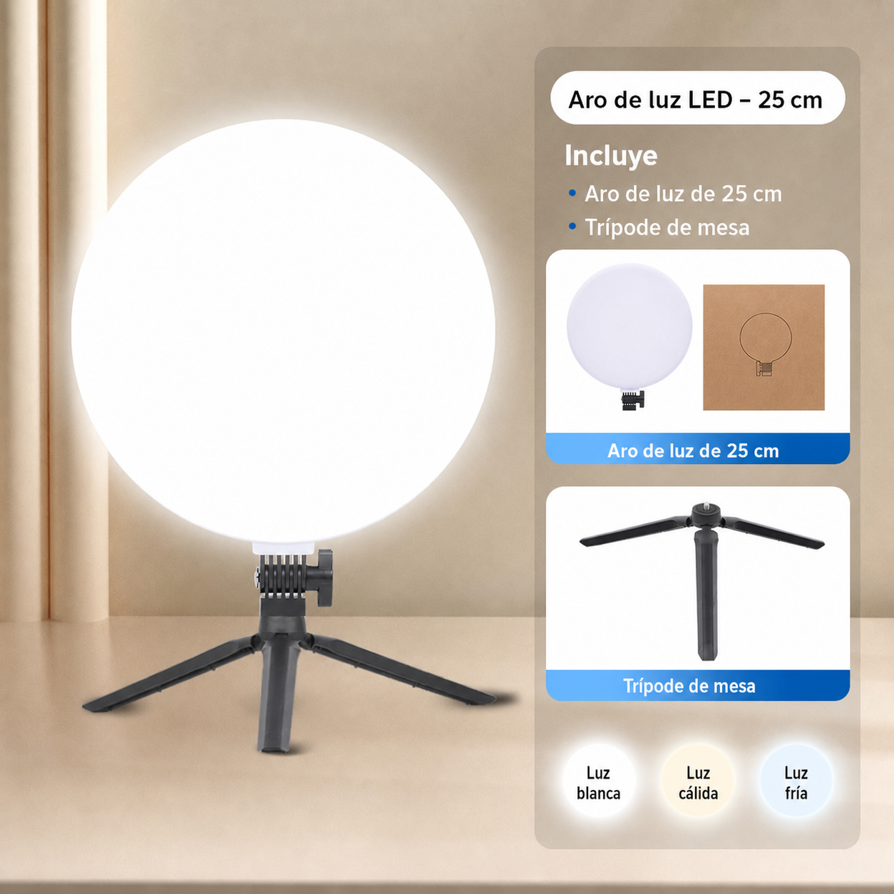 Aro de Luz LED 25 cm para streaming y selfies