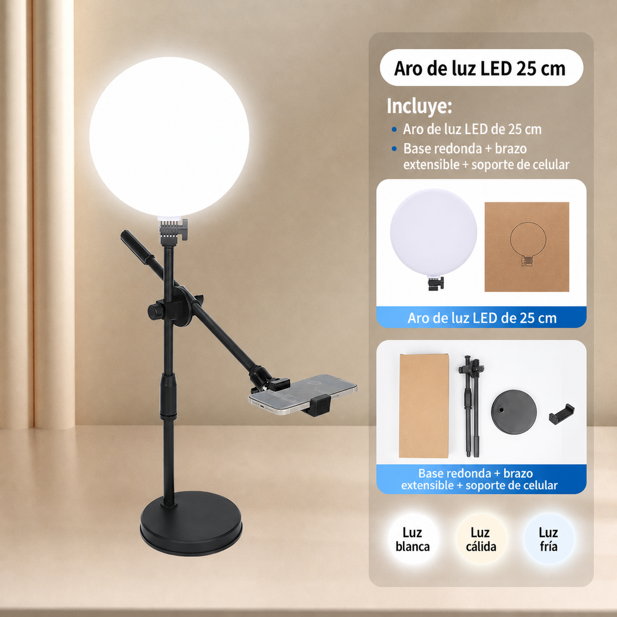 Aro de Luz LED 25 cm para streaming y selfies