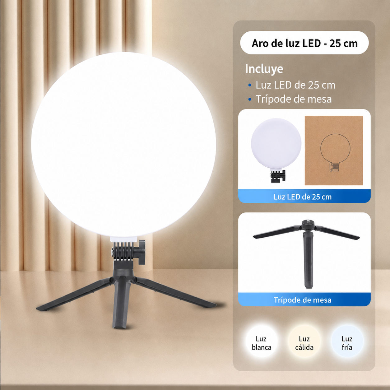 Aro de Luz LED 25 cm para streaming y selfies