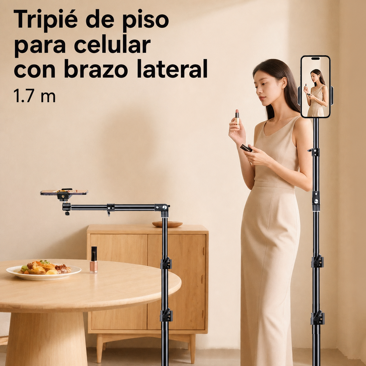 Tripié de piso para celular con brazo lateral 1.7 m - 1