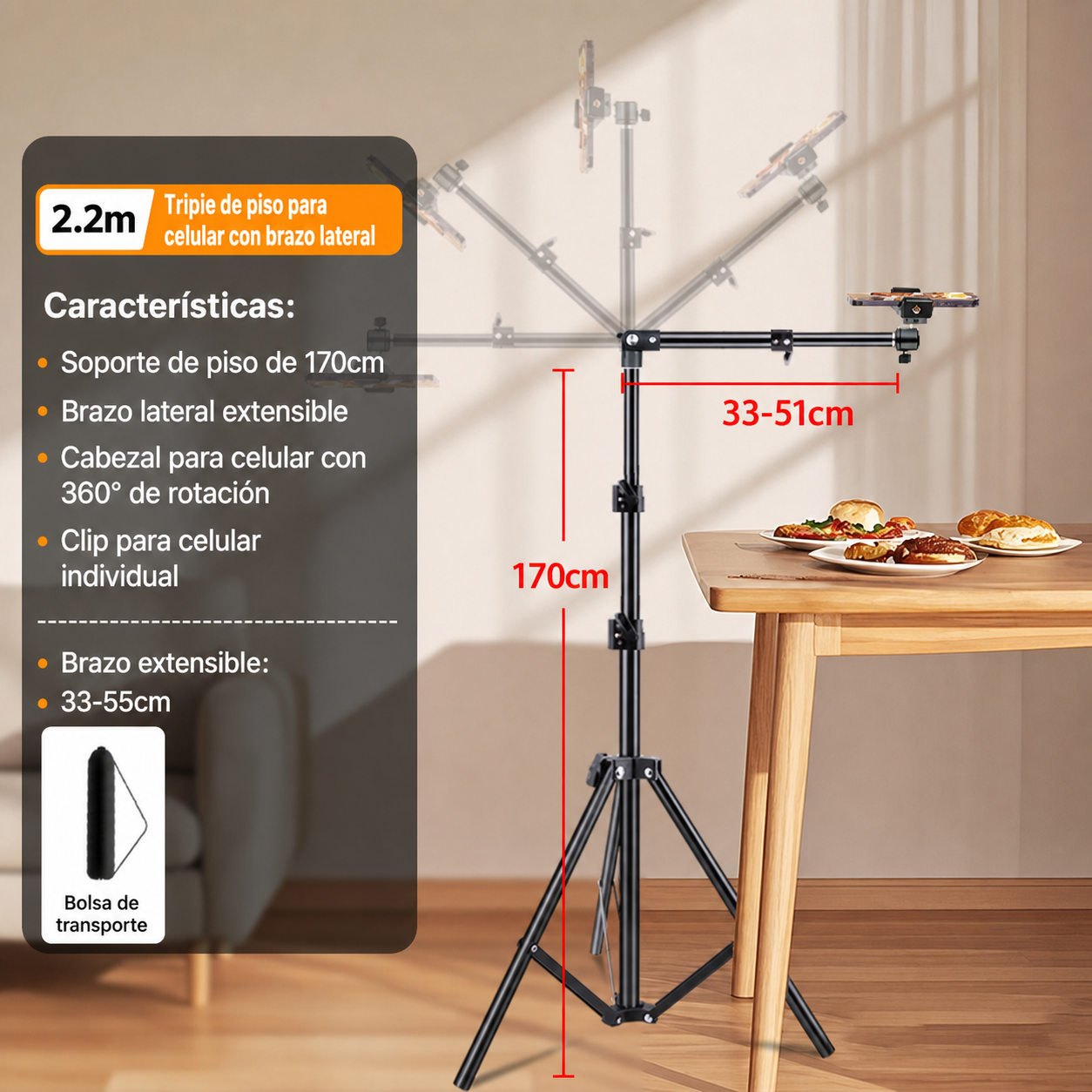 Tripié de piso para celular con brazo lateral 1.7 m