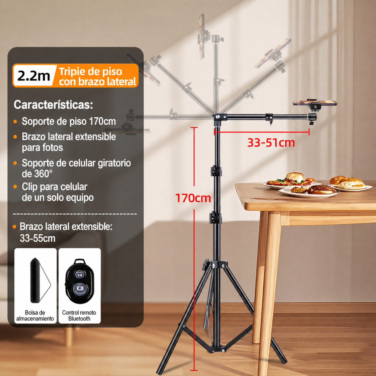 Tripié de piso para celular con brazo lateral 1.7 m