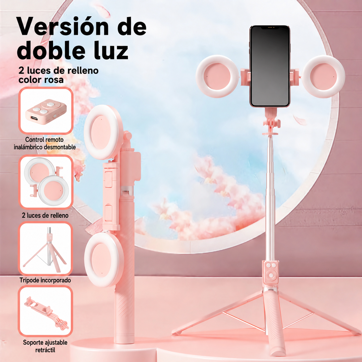 Selfie Stick Trípode Bluetooth con Control Remoto y Luz - 2