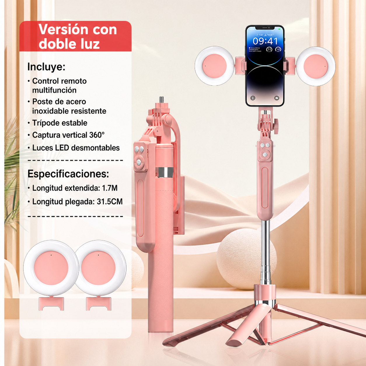 Selfie Stick Trípode Bluetooth con Control Remoto y Luz - 7