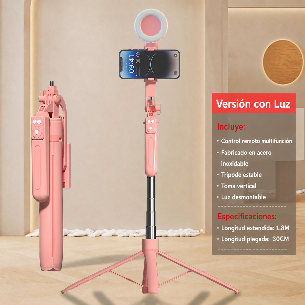Selfie Stick Trípode Bluetooth con Control Remoto y Luz - 8