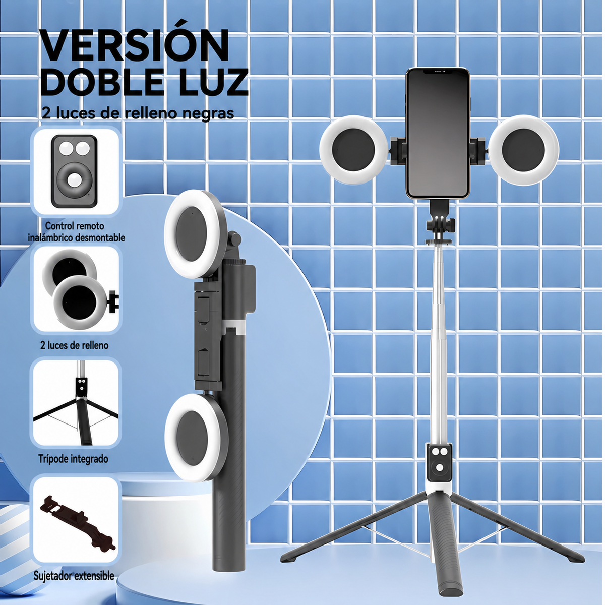 Selfie Stick Trípode Bluetooth con Control Remoto y Luz - 9