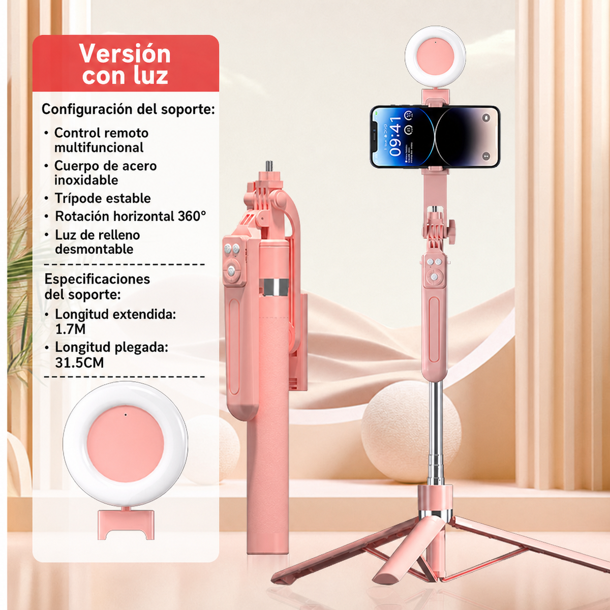 Selfie Stick Trípode Bluetooth con Control Remoto y Luz
