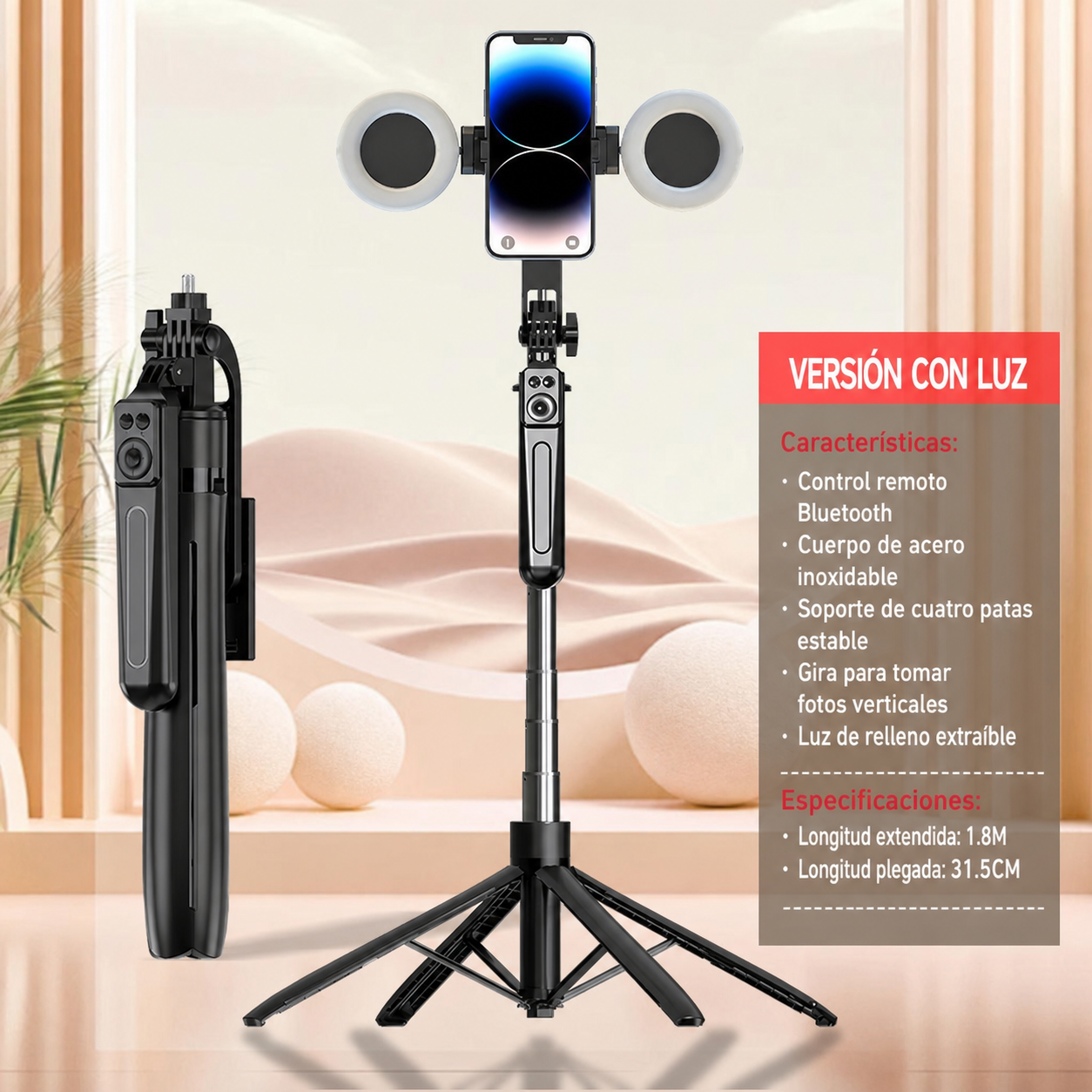 Selfie Stick Trípode Bluetooth con Control Remoto y Luz
