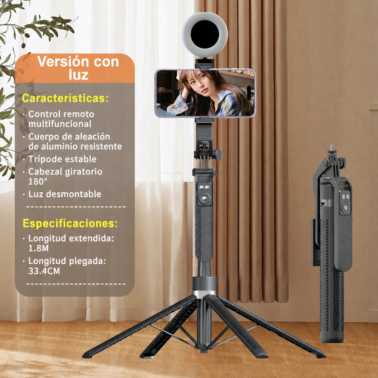 Selfie Stick Trípode Bluetooth con Control Remoto y Luz