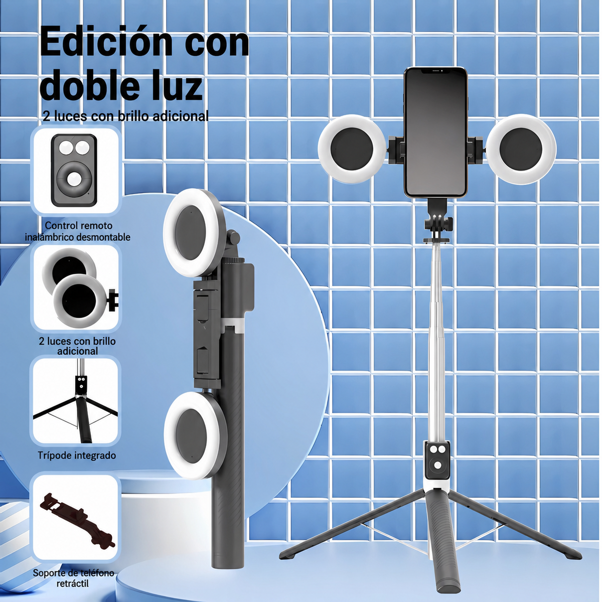 Selfie Stick Trípode Bluetooth con Control Remoto y Luz