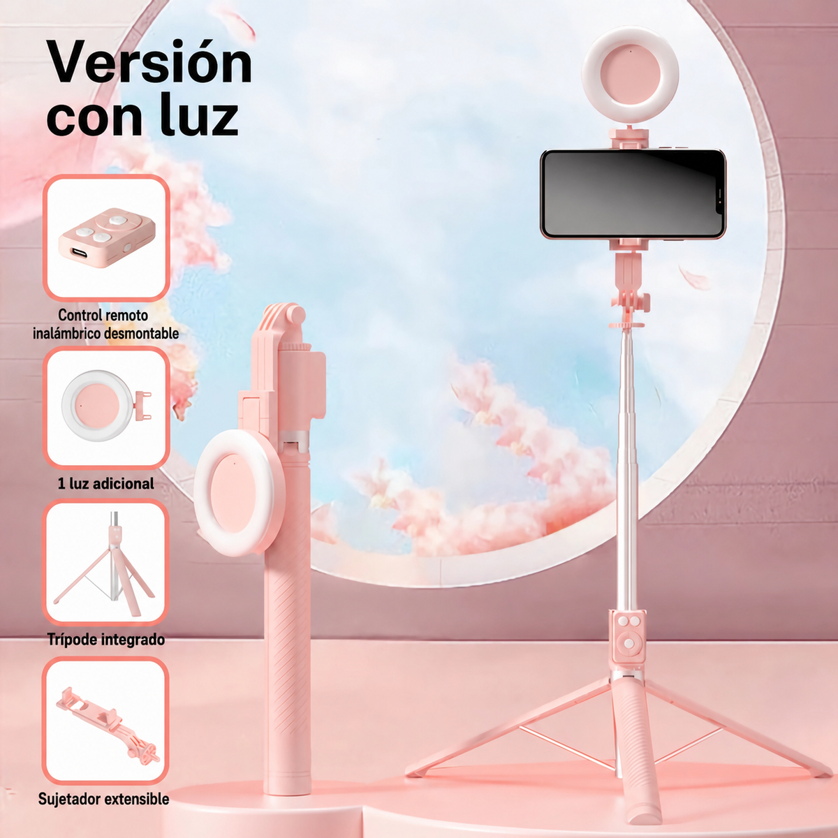 Selfie Stick Trípode Bluetooth con Control Remoto y Luz