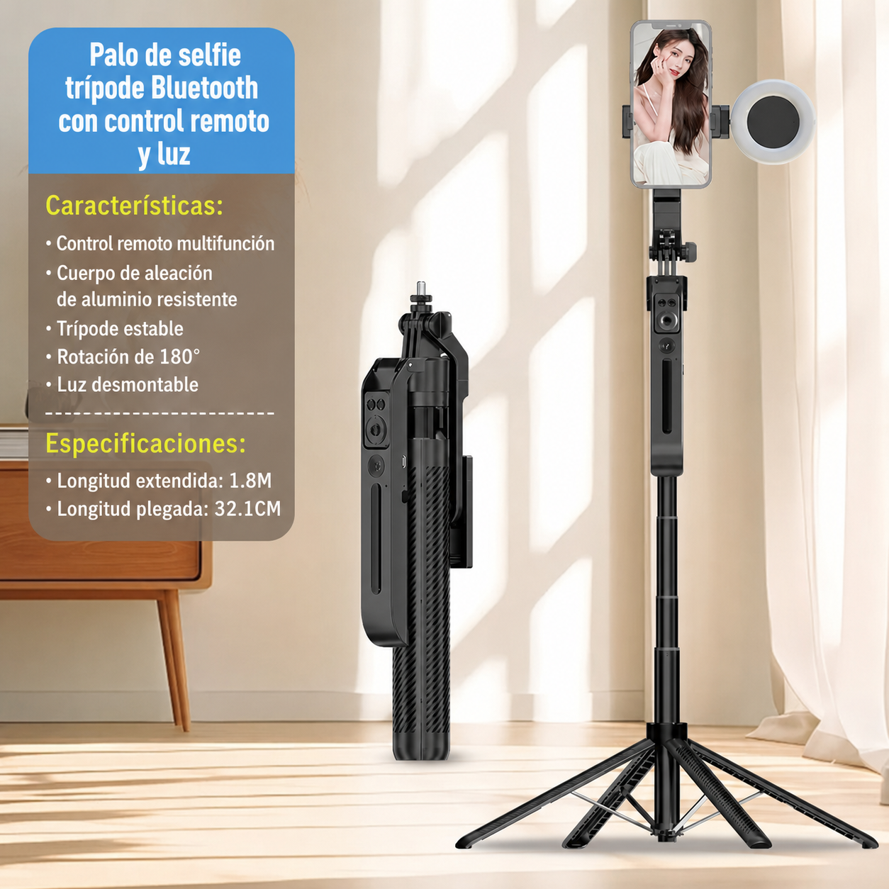 Selfie Stick Trípode Bluetooth con Control Remoto y Luz