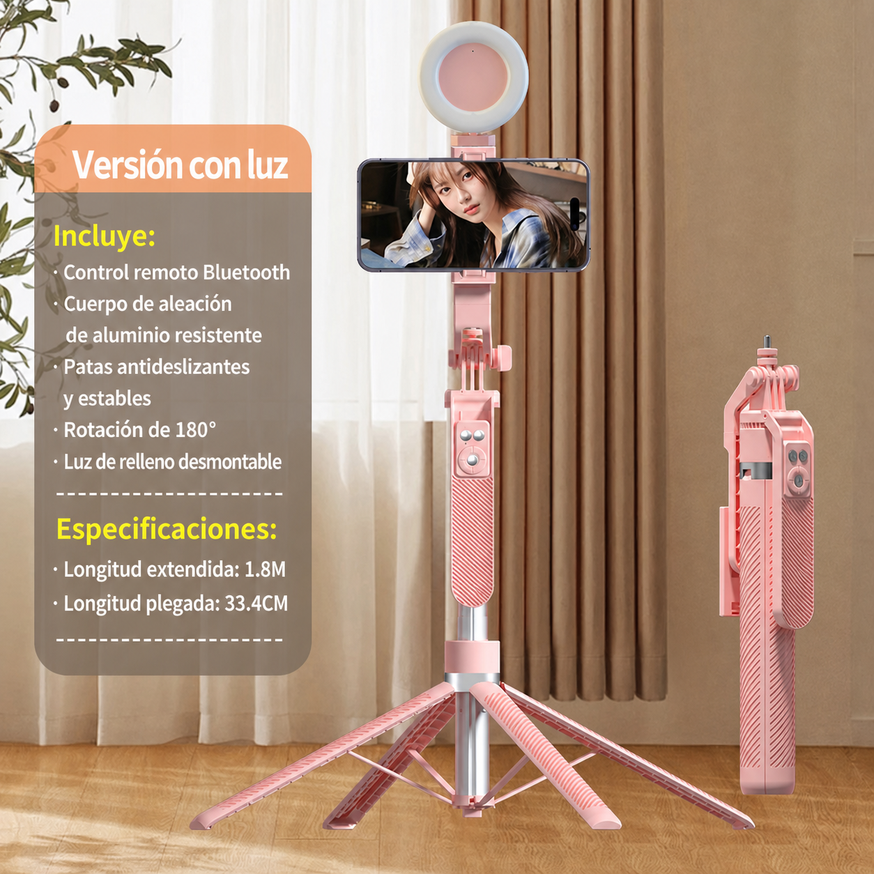 Selfie Stick Trípode Bluetooth con Control Remoto y Luz