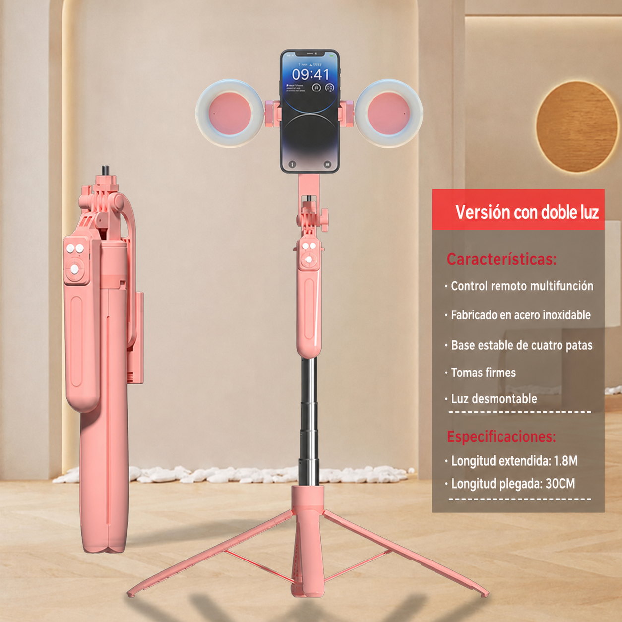 Selfie Stick Trípode Bluetooth con Control Remoto y Luz