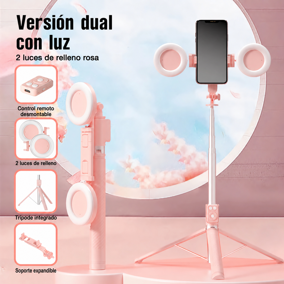 Selfie Stick Trípode Bluetooth con Control Remoto y Luz