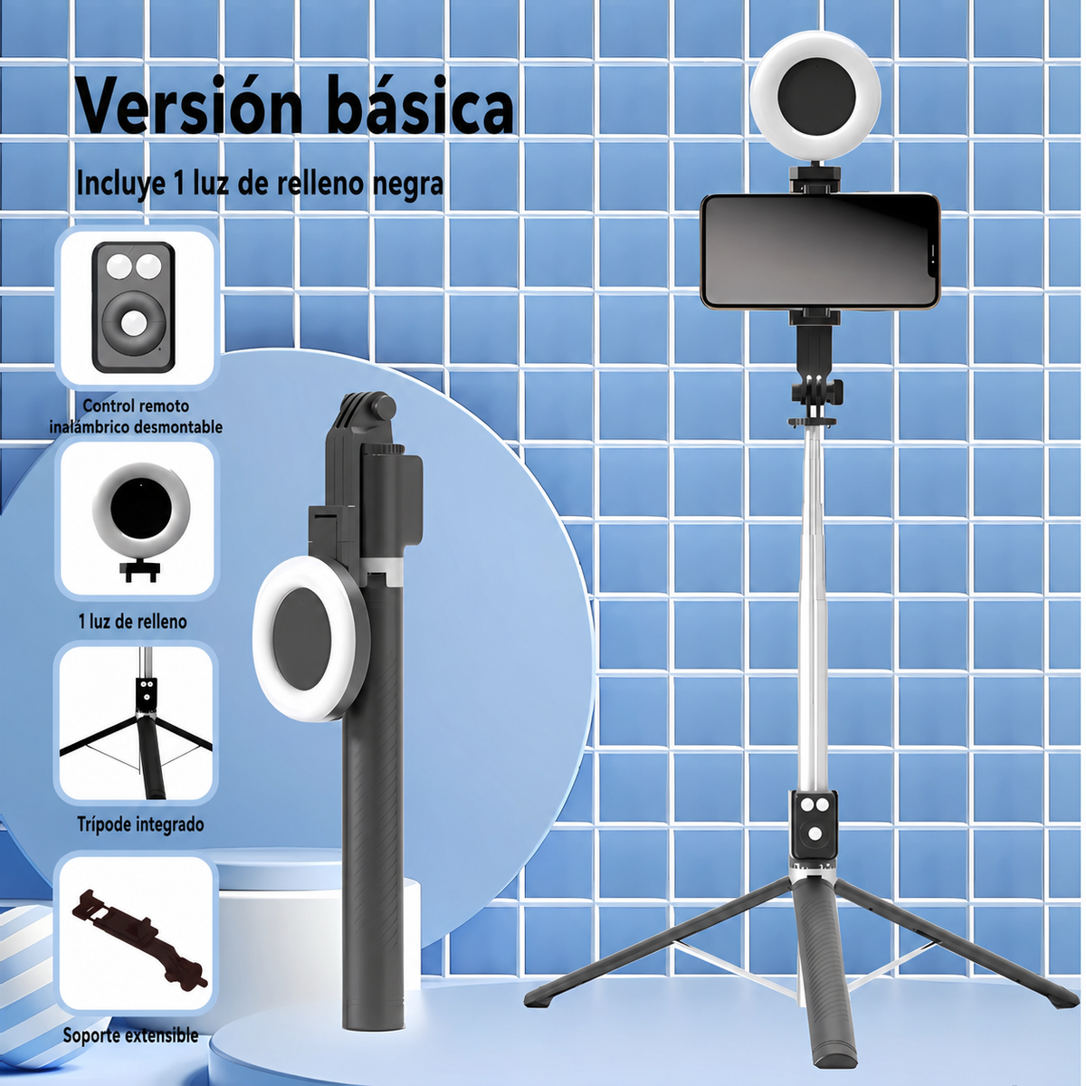 Selfie Stick Trípode Bluetooth con Control Remoto y Luz