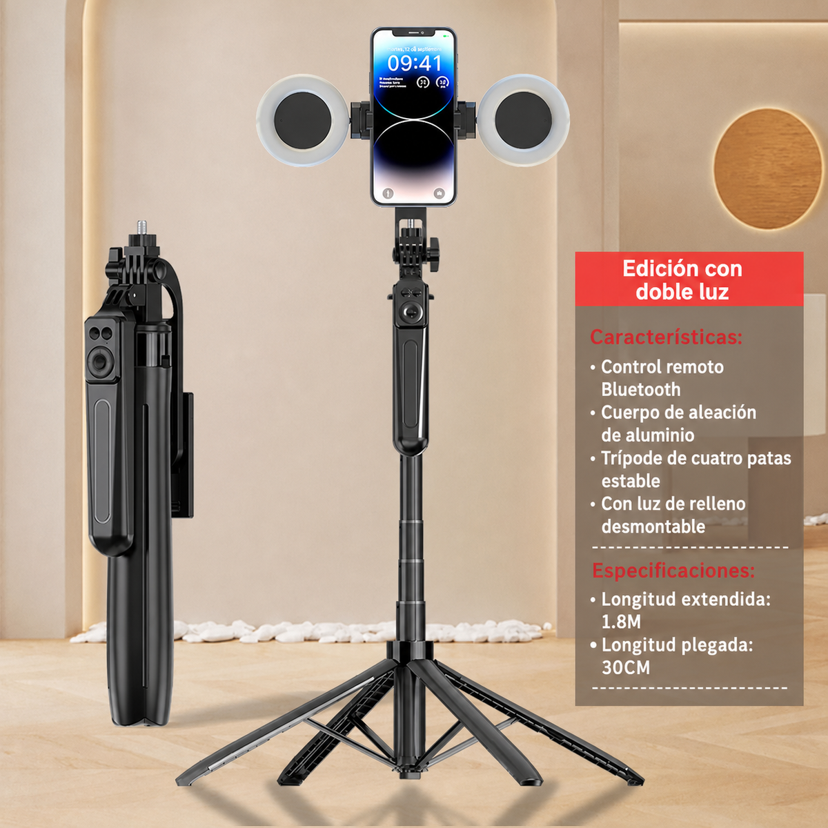 Selfie Stick Trípode Bluetooth con Control Remoto y Luz