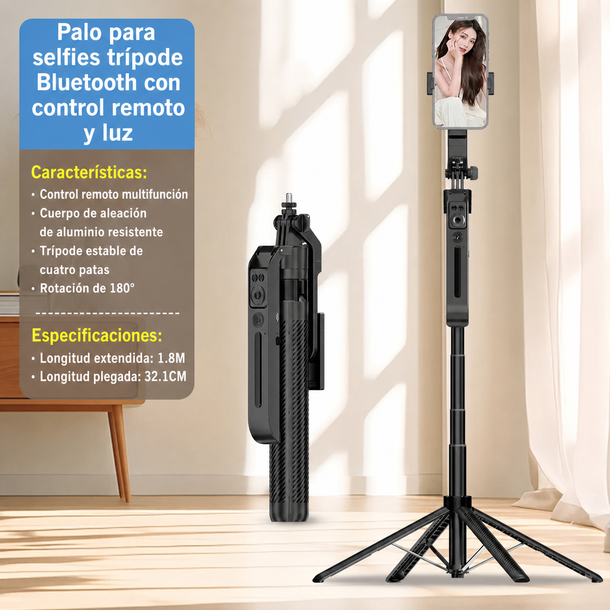 Selfie Stick Trípode Bluetooth con Control Remoto y Luz