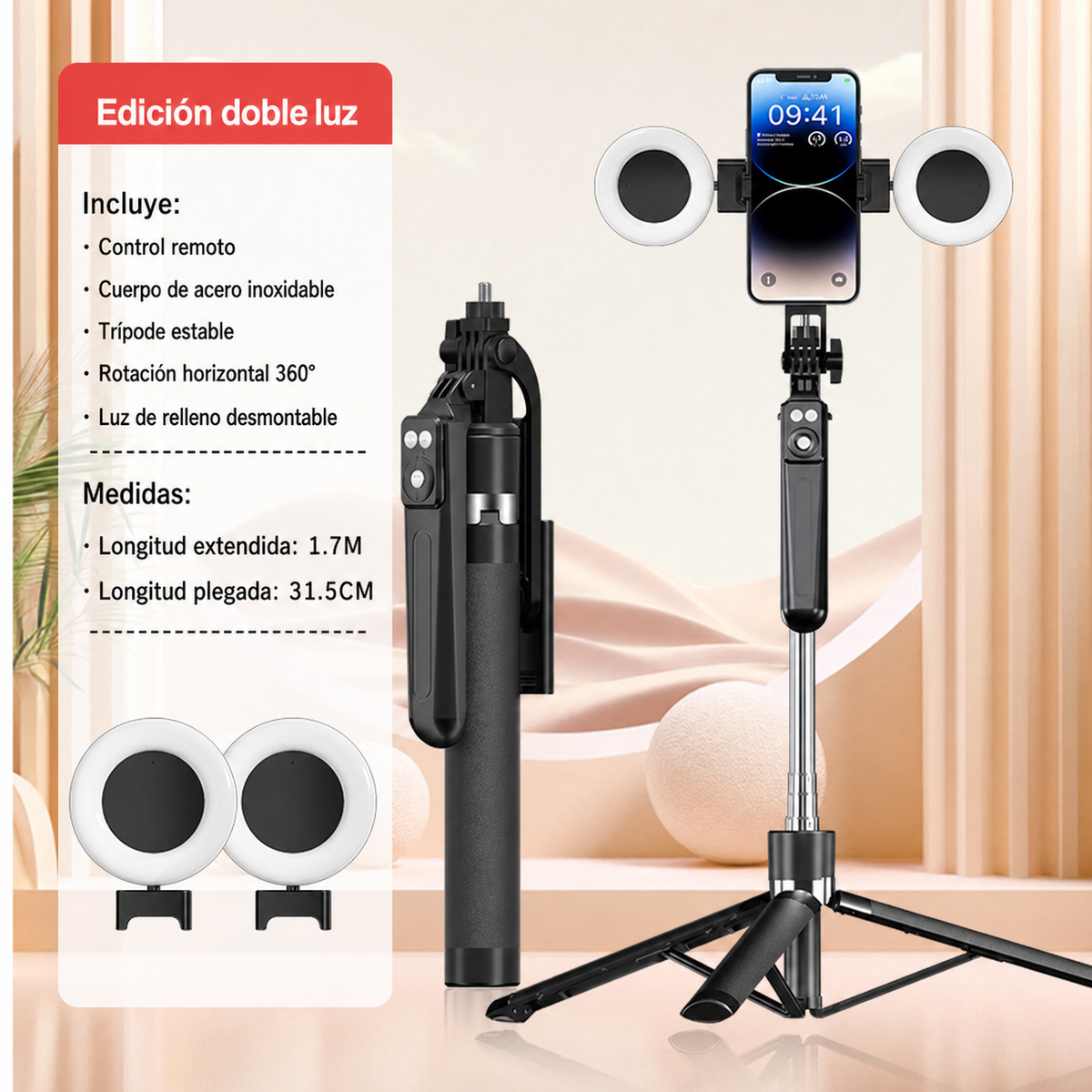 Selfie Stick Trípode Bluetooth con Control Remoto y Luz