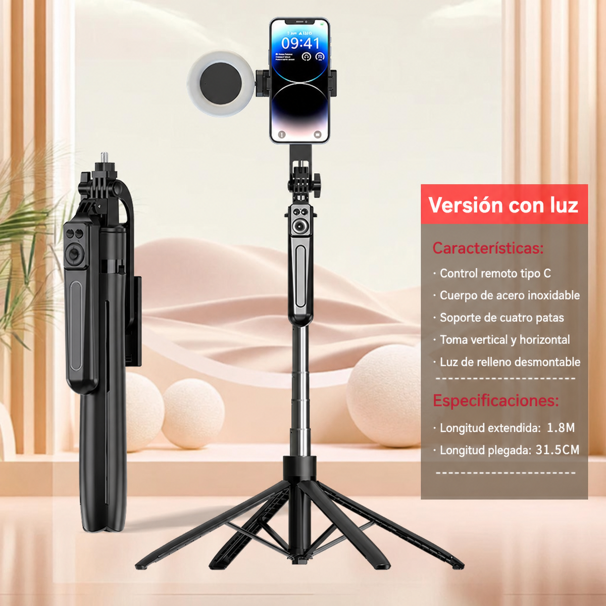 Selfie Stick Trípode Bluetooth con Control Remoto y Luz