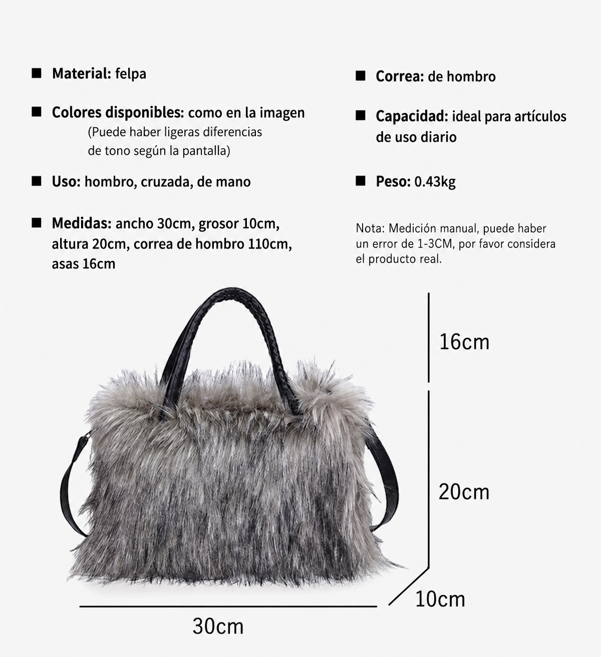 Bolsa Tote de Peluche Mujer Grande Colores Vivos - 9