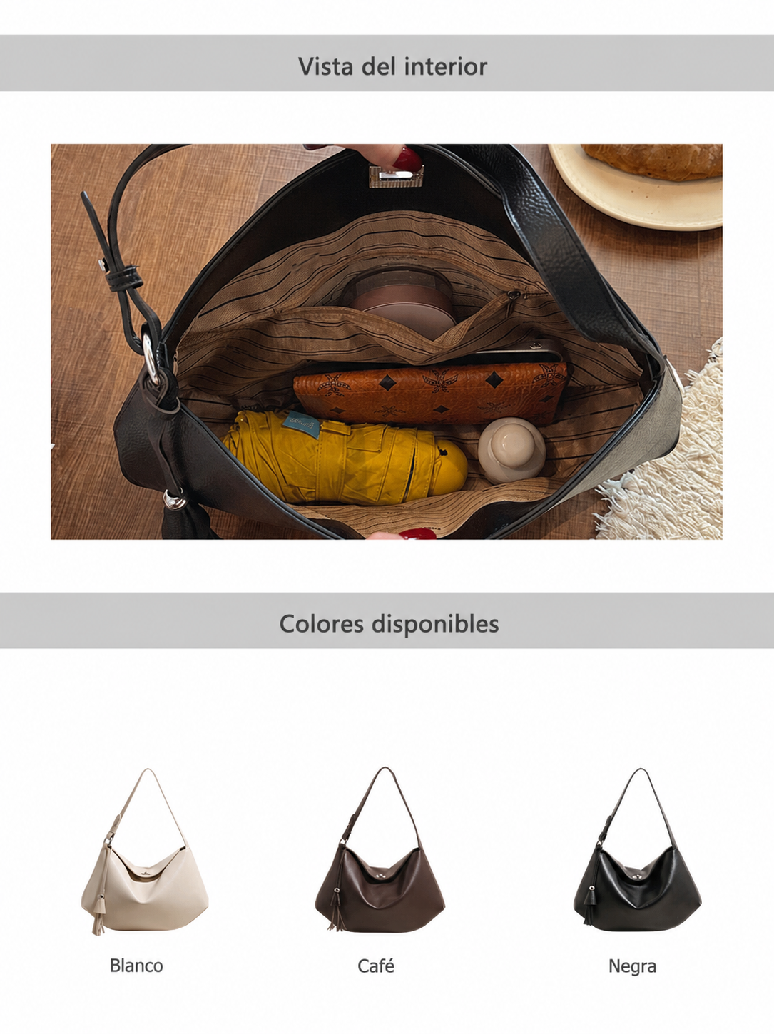 Bolsa de Hombro Estilo Dumplin para Mujer – Café, Negra o Blanca - 11