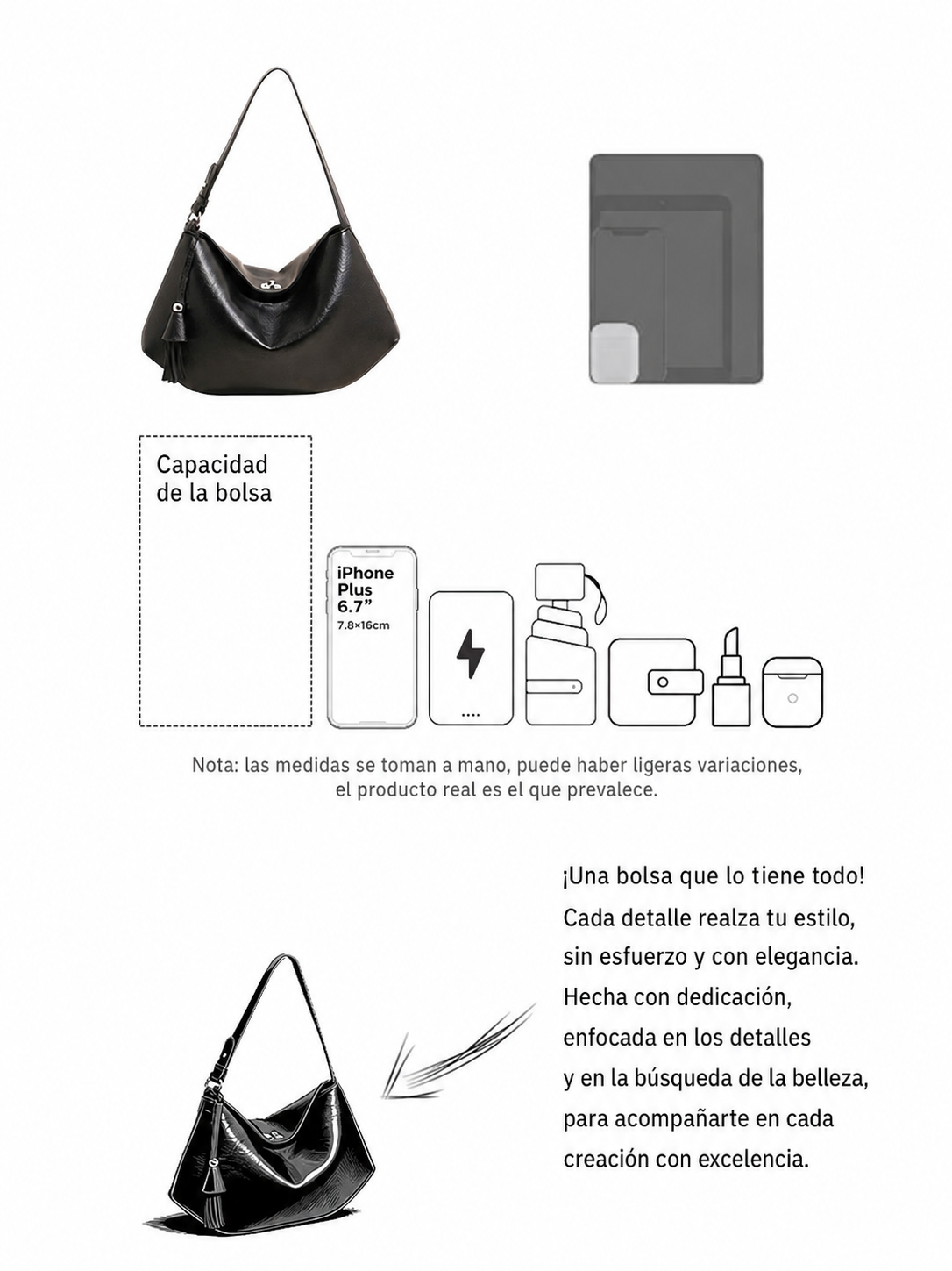 Bolsa de Hombro Estilo Dumplin para Mujer – Café, Negra o Blanca - 12