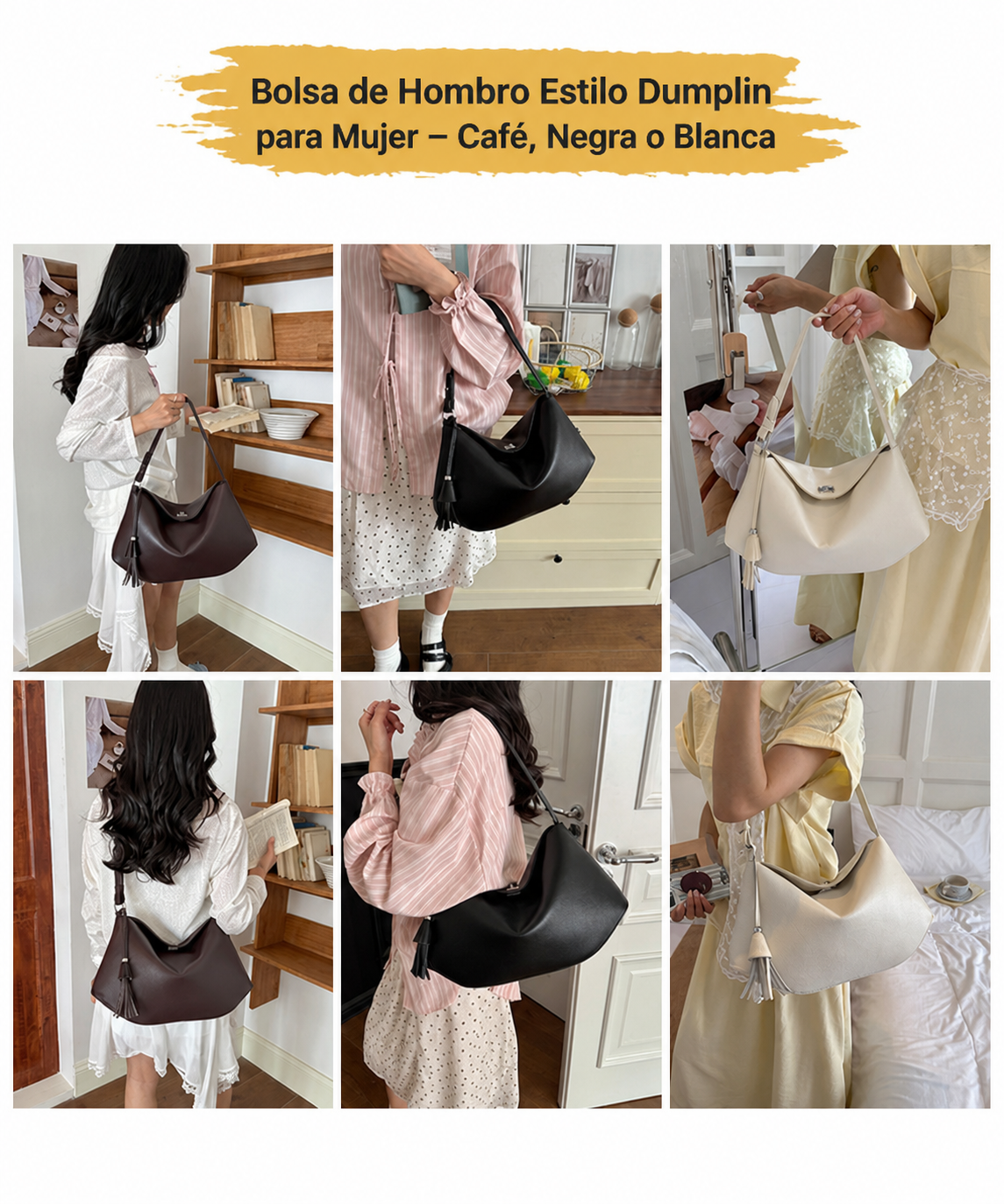 Bolsa de Hombro Estilo Dumplin para Mujer – Café, Negra o Blanca - 10
