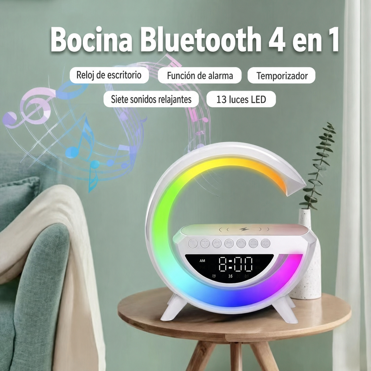 Bocina Bluetooth 4 en 1 con reloj, alarma y luz LED - 11