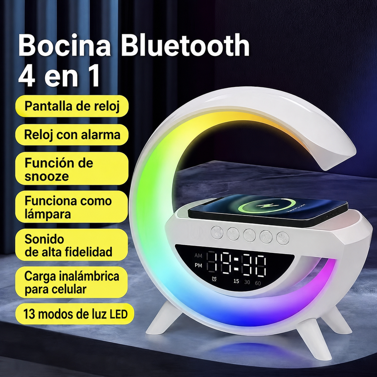 Bocina Bluetooth 4 en 1 con reloj, alarma y luz LED - 12