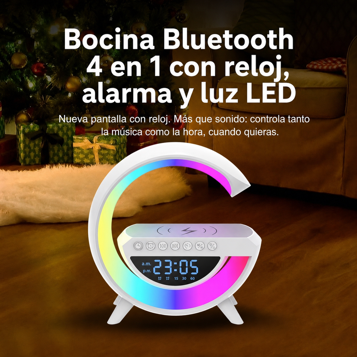 Bocina Bluetooth 4 en 1 con reloj, alarma y luz LED - 13