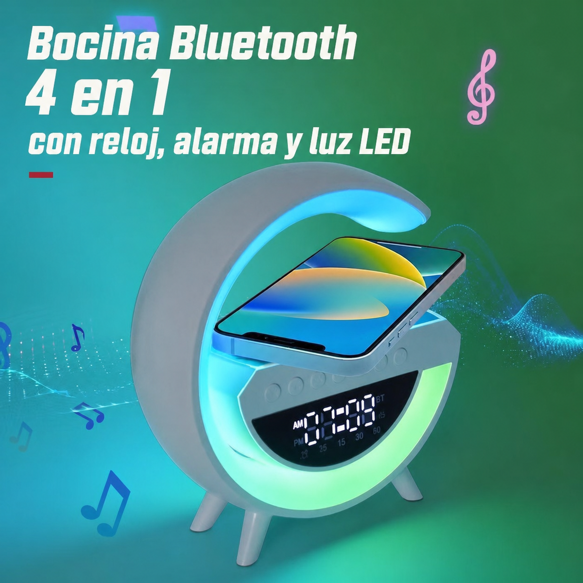 Bocina Bluetooth 4 en 1 con reloj, alarma y luz LED - 14
