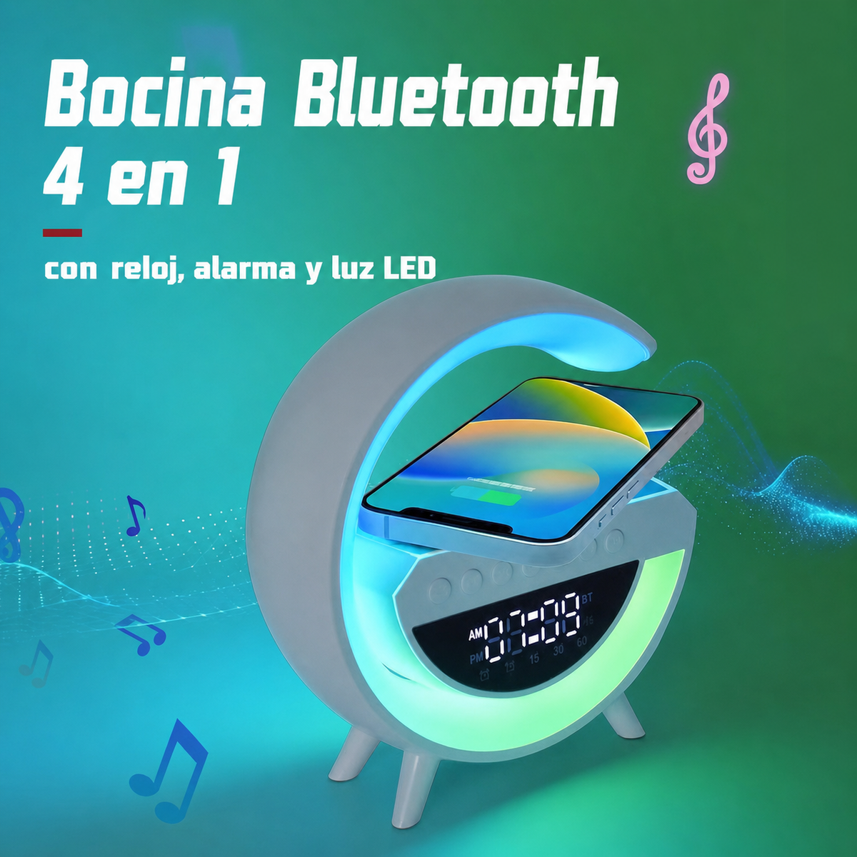 Bocina Bluetooth 4 en 1 con reloj, alarma y luz LED - 9