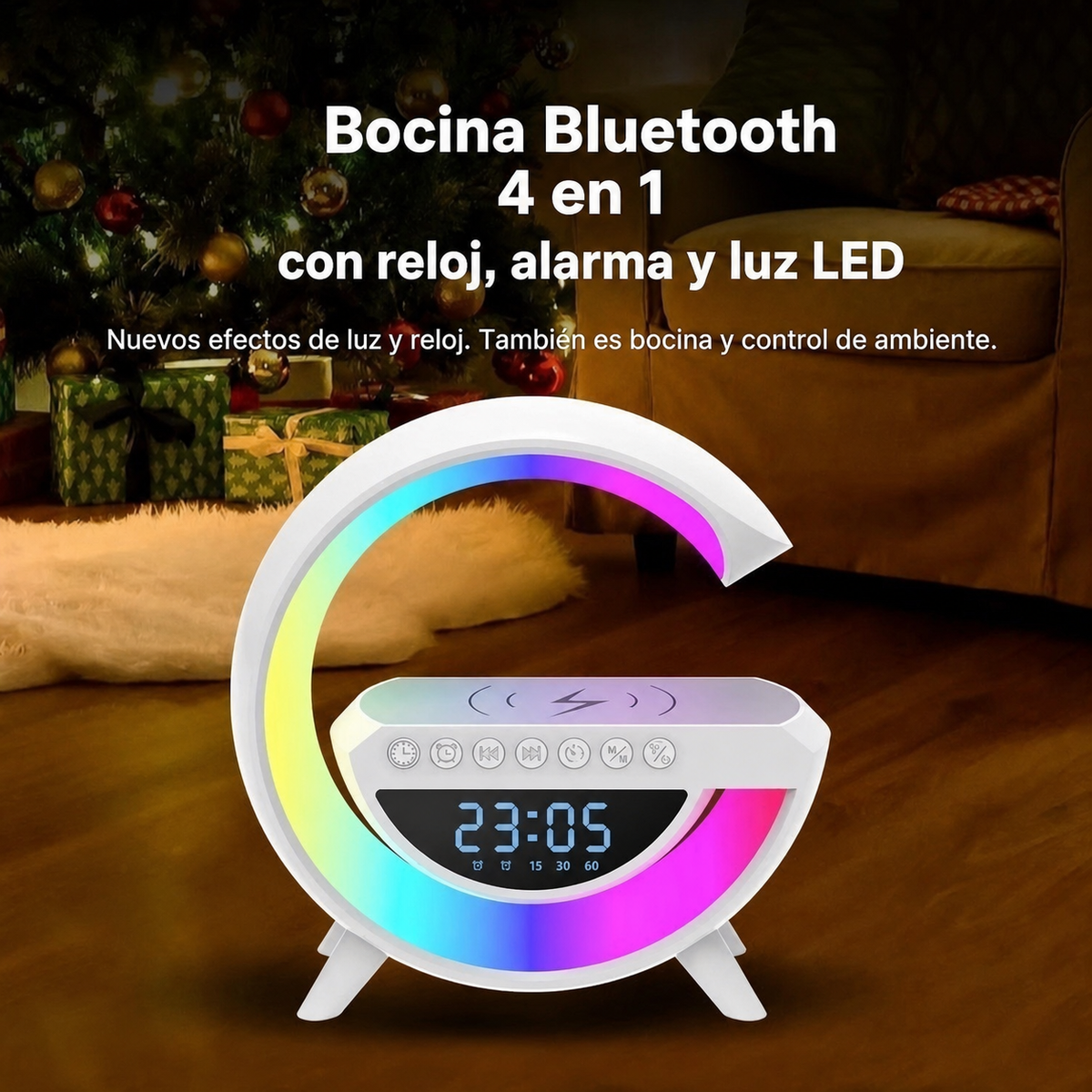 Bocina Bluetooth 4 en 1 con reloj, alarma y luz LED