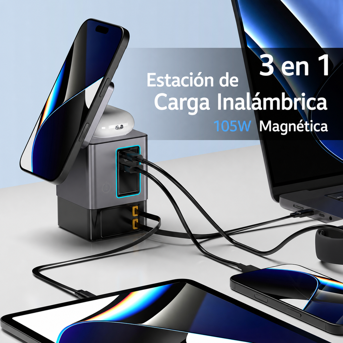 Estación de Carga Inalámbrica 3 en 1 GaN 105W Magnética - 6