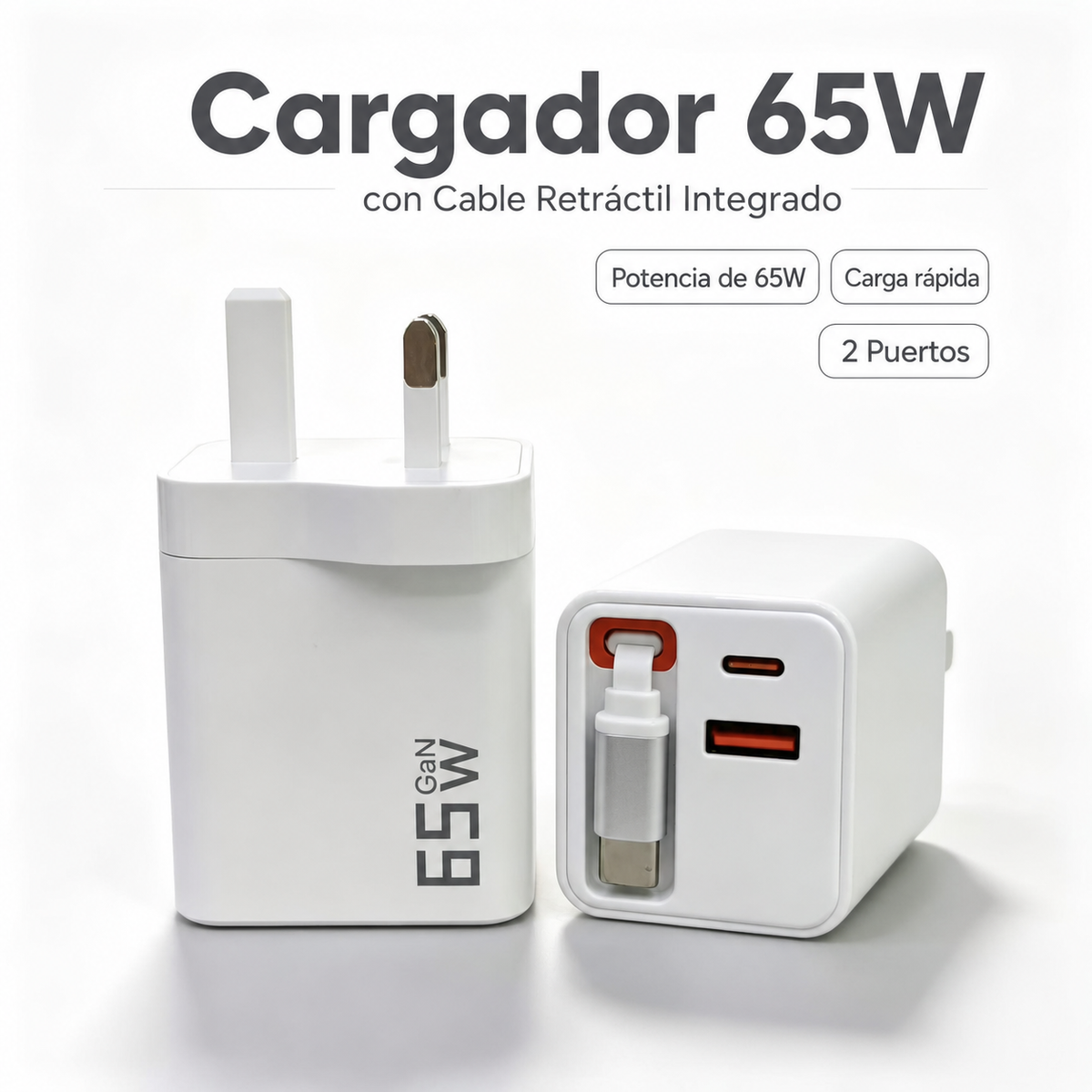 Cargador 65W con Cable Retráctil | 2 Puertos - 2