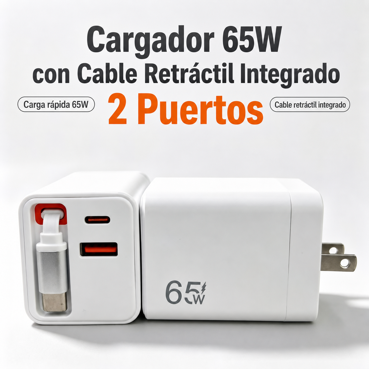 Cargador 65W con Cable Retráctil | 2 Puertos - 3