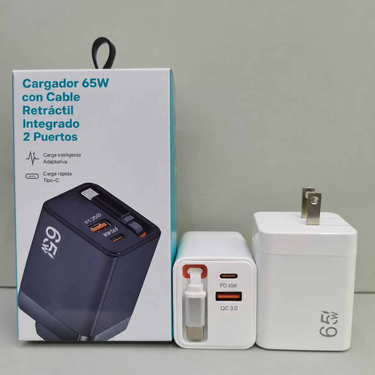 Cargador 65W con Cable Retráctil | 2 Puertos - 4