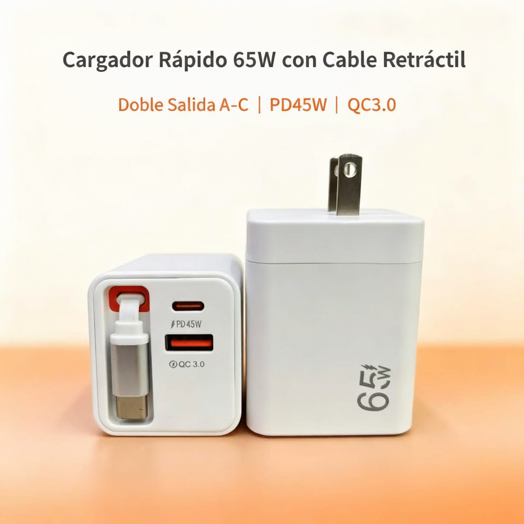 Cargador 65W con Cable Retráctil | 2 Puertos