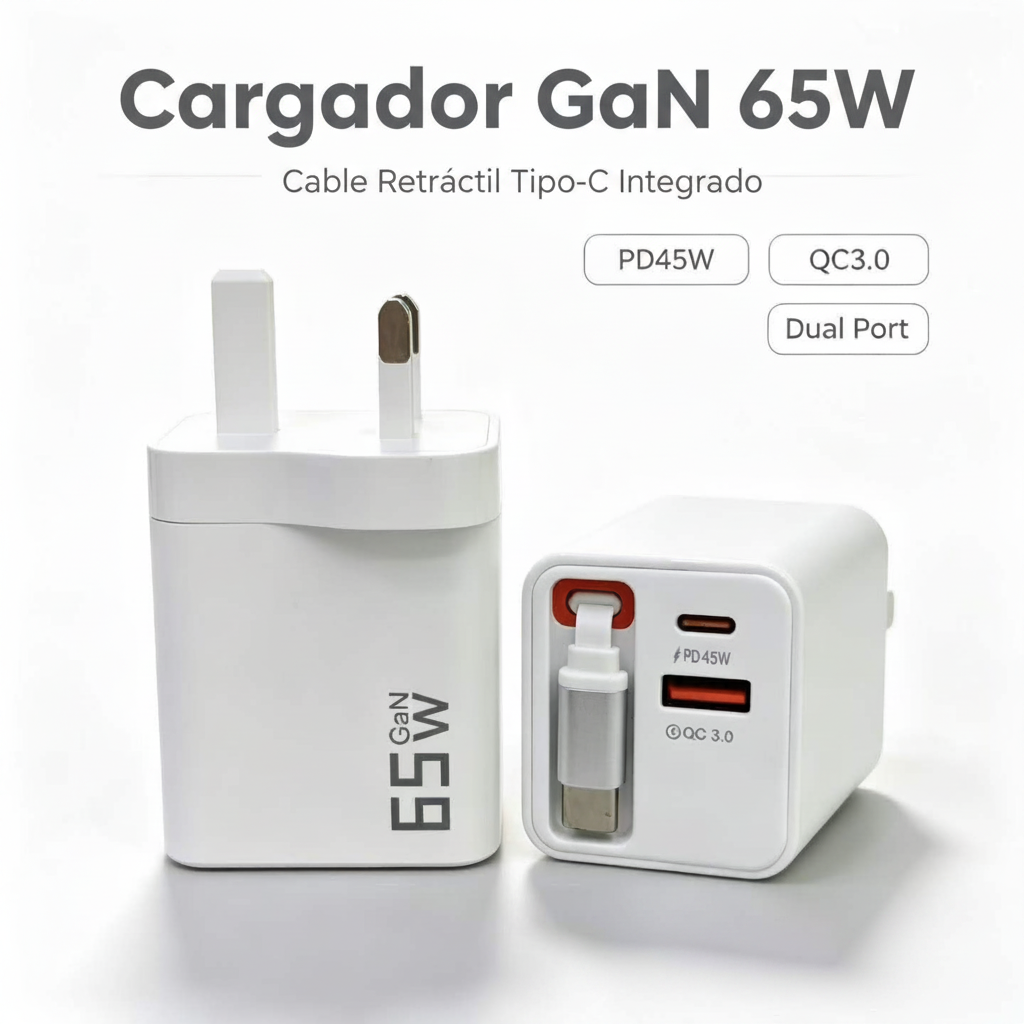 Cargador 65W con Cable Retráctil | 2 Puertos