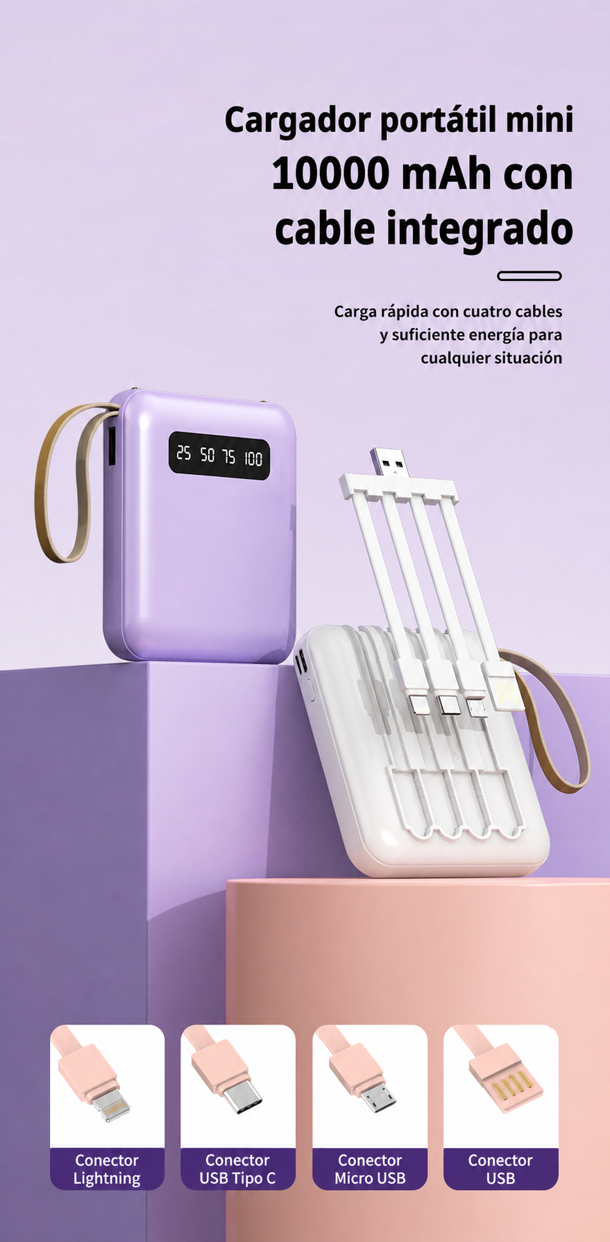 Cargador portátil mini 5000/10000 mAh con cable integrado - 11