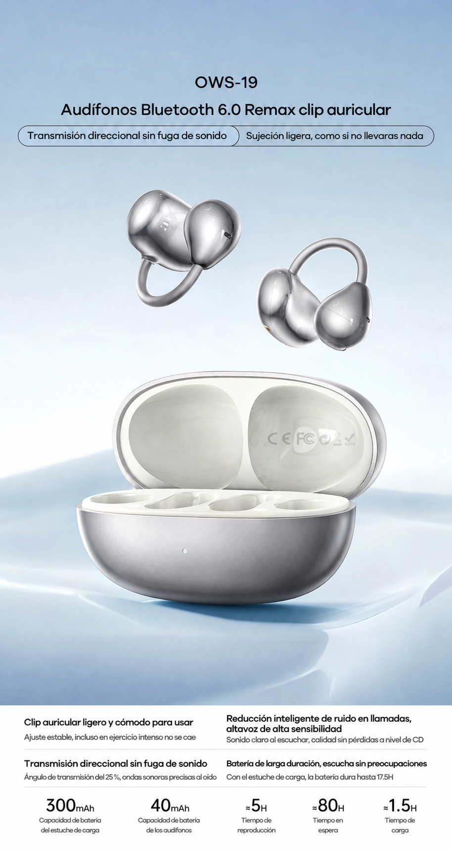 Audífonos Bluetooth 6.0 Remax OWS-19 clip auricular - 9