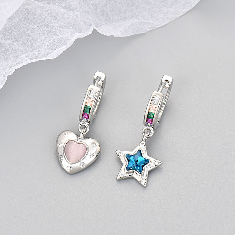 Aretes asimétricos corazón y estrella con diamantes - 4