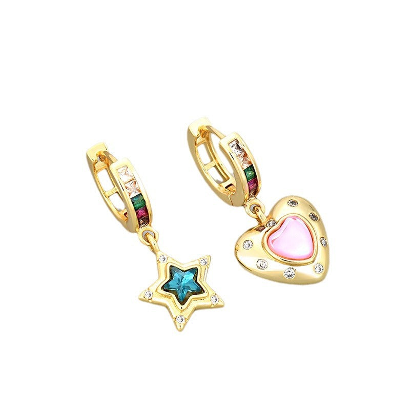 Aretes asimétricos corazón y estrella con diamantes - 5